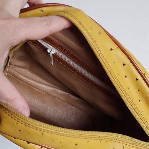 Leather VINTAGE ITALIAN Bag 80s Retro Crossbody Boxy Mustard Yellow Tan Brown - Picture 10 of 16